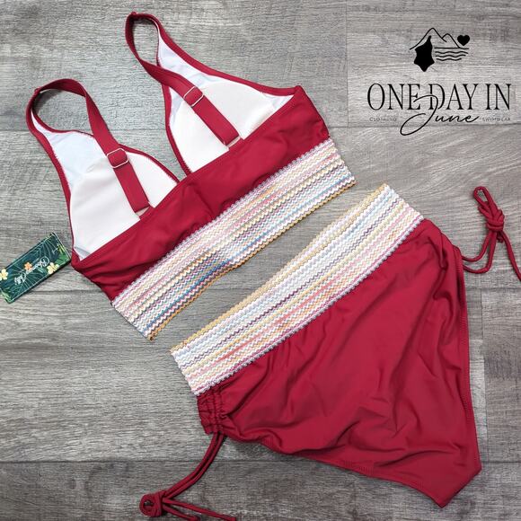 Blooming Jelly Embroidered Band Ruched Tie Side Bikini Swimsuit Size L - Picture 7 of 7